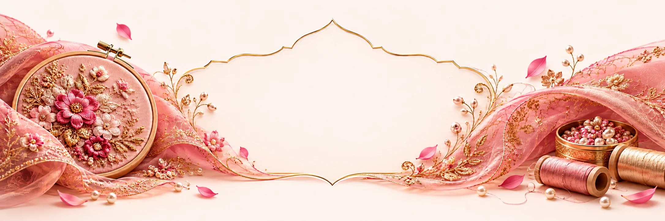 Handcrafted floral embroidery in wooden hoop with golden threads, pearls, and pink organza silk