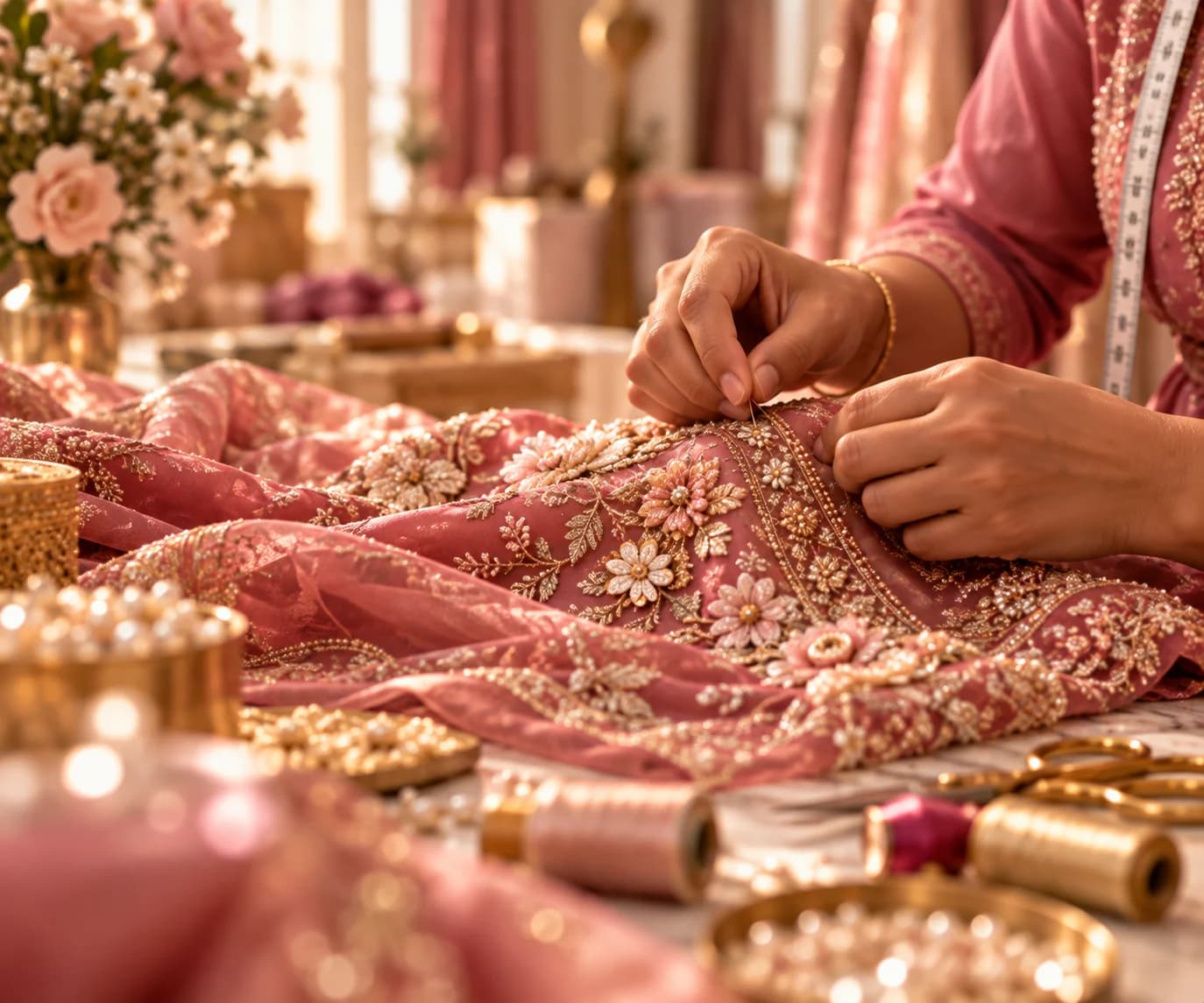 Artisan handcrafting delicate zardosi floral embroidery with needle and pearls on silk fabric