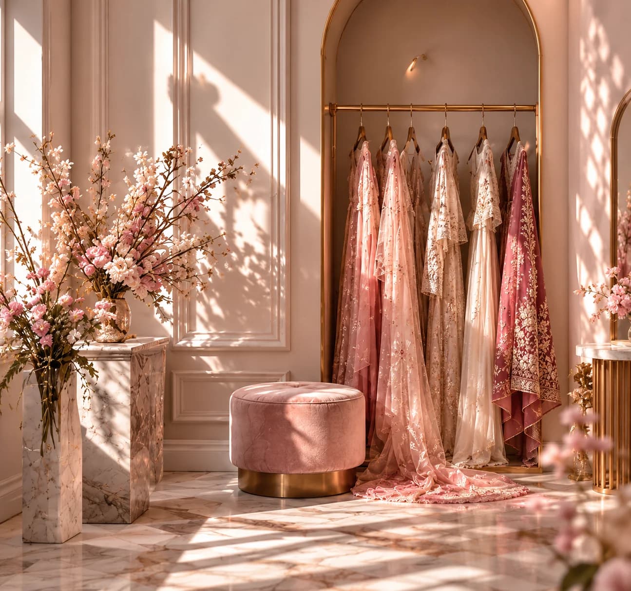 Smrithi's atelier showroom with bespoke couture gowns displayed on golden arched racks