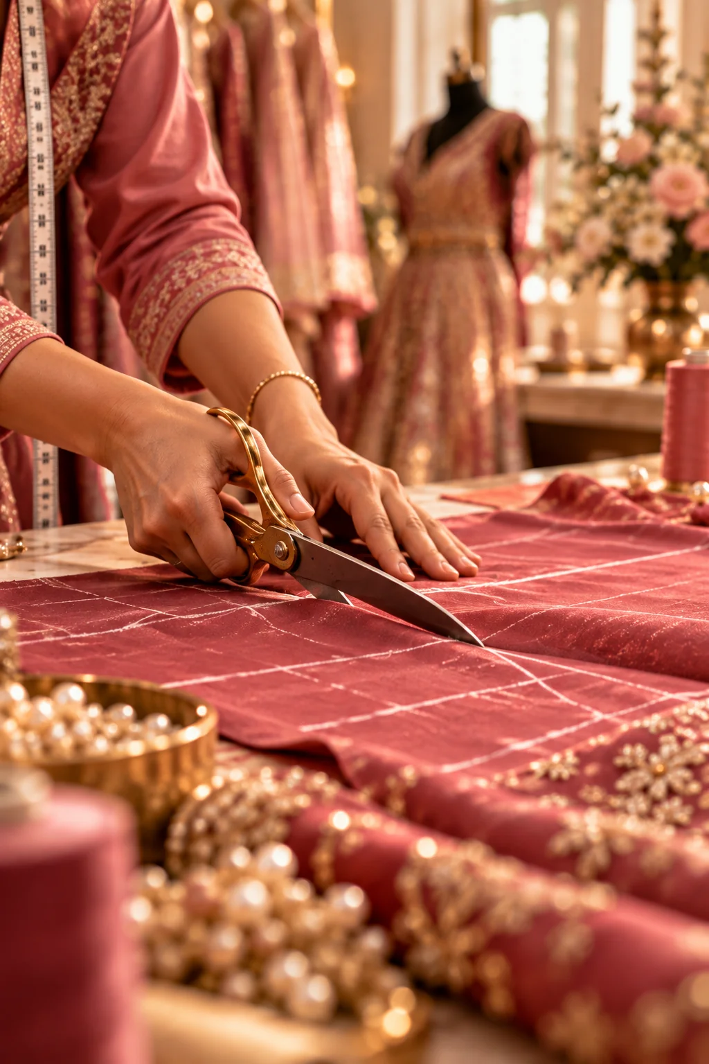 Tailor cutting chalk-marked silk fabric with golden shears on workshop cutting table