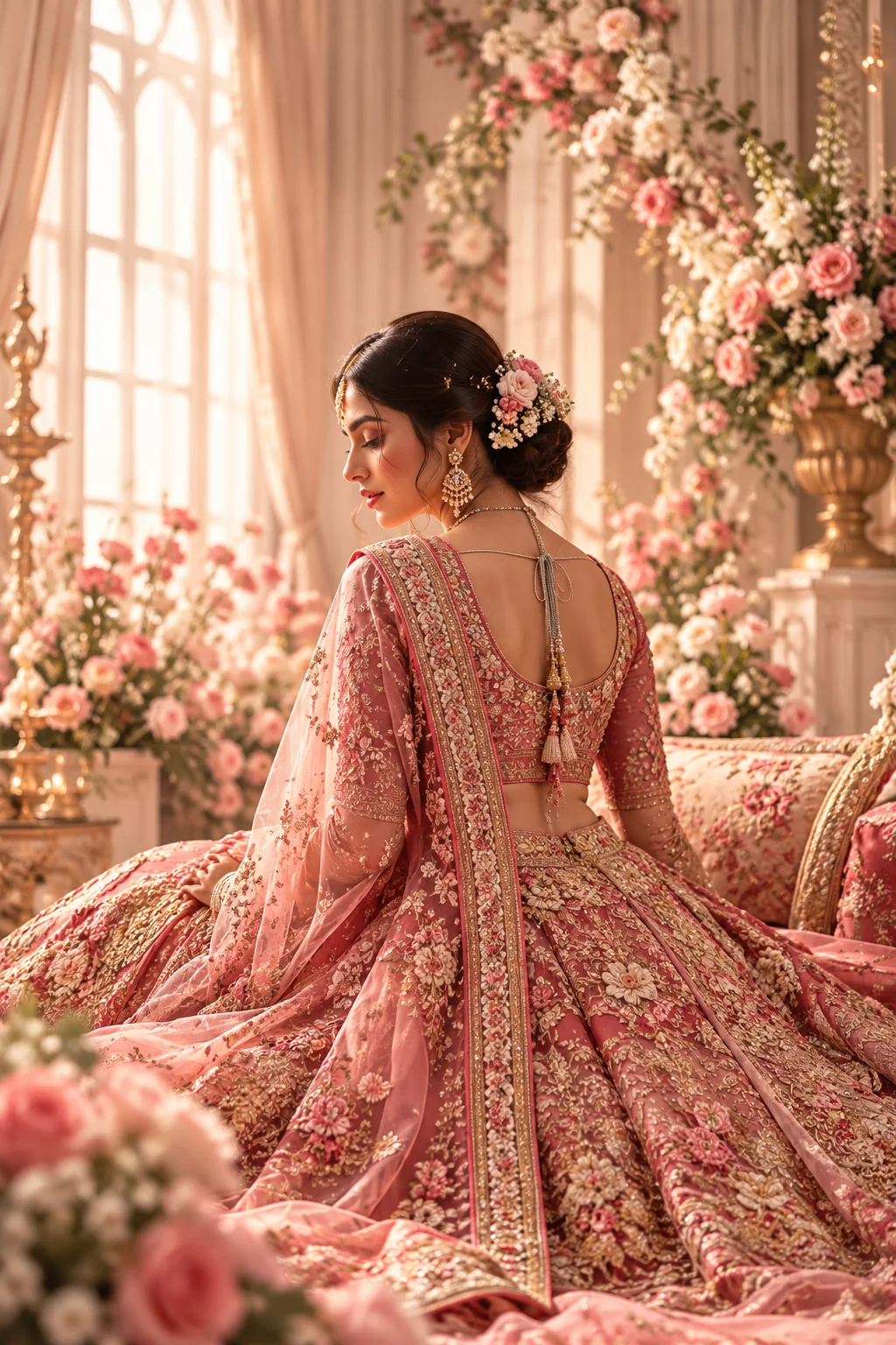 Bespoke rose-embroidered bridal lehenga and blouse with floral hair adornment